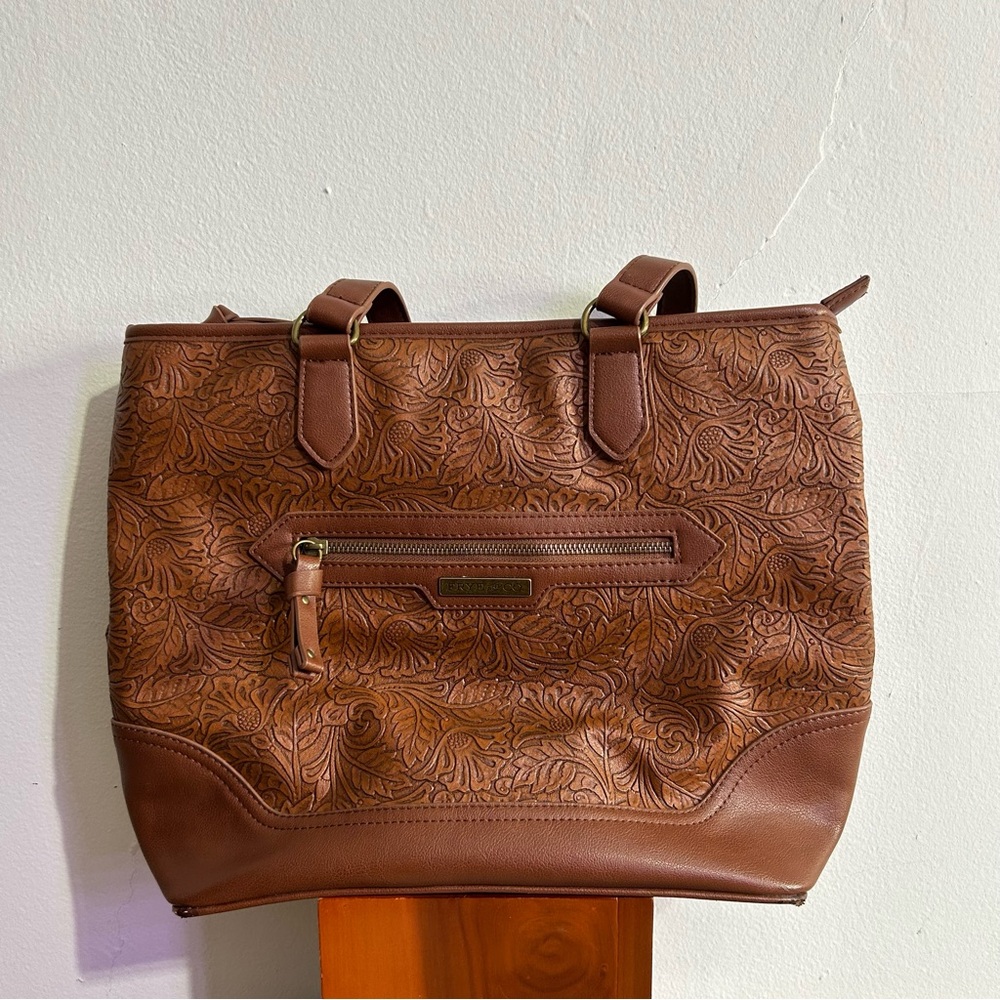 Frye and Co Tooled Leaf Brown Shoulder Tote Bag Flower Cognac